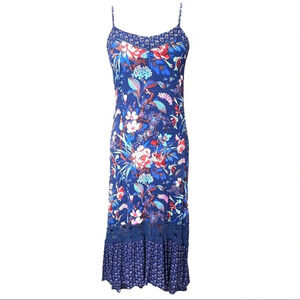 Hawaiian Tropical Flower Long Dress Navy Vacation